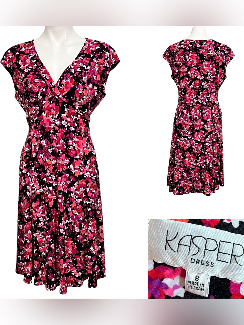 Kasper dress sz 8 Black Floral multicolor V-Neck Fit-n-Flare knee length office - Picture 1 of 7